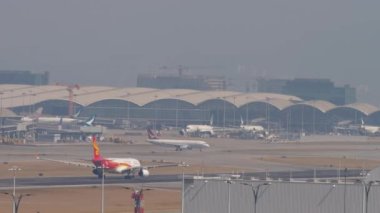 HONG KONG - NOVEMBER 10, 2019: Airbus A330 of Hong Kong Airlines takes off at Hong Kong Airlines. Tourism and travel concept