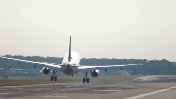 Rear View Jet Plane Landing Glare Sun Reflection Plane Haze — Stok video