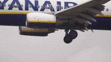 FRANKFURT AM MAIN, GERMANY - JULY 20, 2017: Boeing 737 Ryanair landing at Fraport, Frankfurt, Germany. View of the engine and landing gear of the aircraft. Aviation, tourism and travel concept