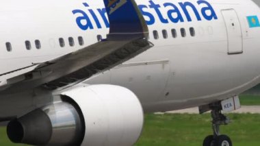 ALMATY, KAZAKHSTAN - MAY 4, 2019: Boeing 767, P4-KEA of Air Astana take off, departure at Almaty airport, Kazakhstan. Twin-engine wide-body airliner departure