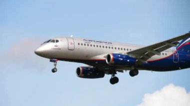 MOSCOW, RUSSIAN FEDERATION - SEPTEMBER 12, 2020: Sukhoi Superjet 100-95B, RA-89105 of Aeroflot airline landing at Sheremetyevo airport. Tourism and aviation concept