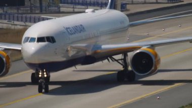 FRANKFURT AM MAIN, GERMANY - JULY 19, 2017: Boeing 767 of Icelandair taxiing at Frankfurt, Germany. Icelandair Icelandic airline. Tourism and travel concept, air flight