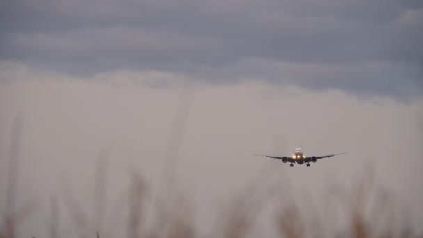 Commercial Jet Aircraft Approaching Landing Cloudy Gray Sky Tourism Aviation — Stockvideo