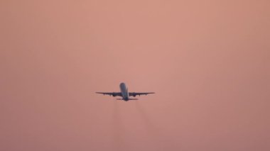 Rear view of airplane taking off and climbing at dawn sky. Commercial jet plane departure at Sunrise. Long shots. Tourism and travel concept.