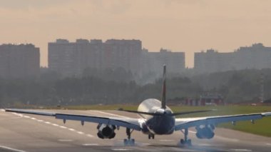 MOSCOW, RUSSIAN FEDERATION - SEPTEMBER 12, 2020: Footage of Airbus A330 Aeroflot landing and braking to the runway at Sheremetyevo Airport. Tourism and aviation concept