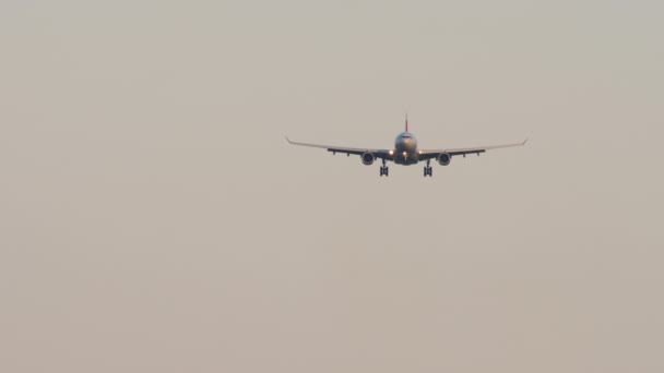 Μακρύ Πλάνο Πολιτικό Αεροσκάφος Πλησιάζει Για Προσγείωση Στο Ηλιοβασίλεμα Μπροστινή — Αρχείο Βίντεο