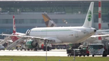 DUSSELDORF, GERMANY - JULY 23, 2017: Passenger airplane of Germania getting ready to take off at Dusseldorf Airport. Tourism and travel concept