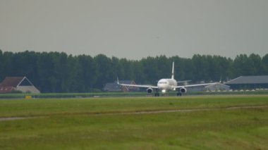 AMSTERDAM, THE NETHERLANDS - JULY 24, 2017: Passenger Airbus A320 of Finnair accelerating for takeoff at Amsterdam Airport. Tourism and travel concept