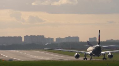 MOSCOW, RUSSIAN FEDERATION - SEPTEMBER 12, 2020: Airbus A330 of Aeroflot departure at Sheremetyevo Airport. Commercial jet aircraft on the runway. Airliner ready to take off