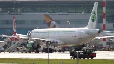DUSSELDORF, GERMANY - JULY 23, 2017: Passenger airplane of Germania getting ready to take off at Dusseldorf Airport. Tourism and travel concept