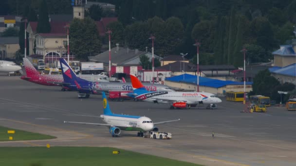 Sochi Russia Ιουλίου 2022 Τρακτέρ Τραβάει Airbus A320 Της Uzbekistan — Αρχείο Βίντεο