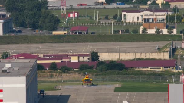 Long Shot Helicopter Landing Airport Airfield Infrastructure Summer Day — Stock Video