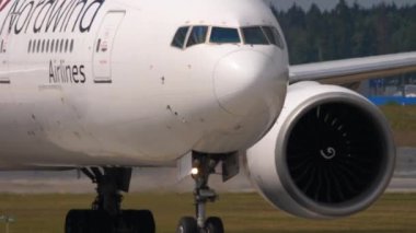 MOSCOW, RUSSIAN FEDERATION - JULY 29, 2021: Close-up, plane of Nordwind airlines taxiing at Sheremetyevo airport SVO. Airplane on the airfield. Tourism and travel concept.