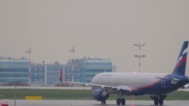 MOSCOW, RUSSIAN FEDERATION - JULY 28, 2021: Airbus A321-211, VP-BAY of Aeroflot plane taxiing to runway, departing flight at Sheremetyevo airport. Tourism and aviation concept