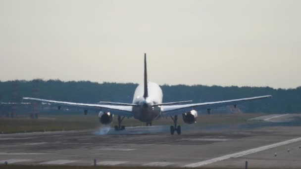 Jet Aircraft Braking Landing Silhouette Airplane Runway Raise Flaps — Video