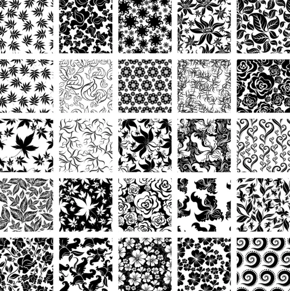 Big vector set of twenty five seamless floral patterns — Stock Vector