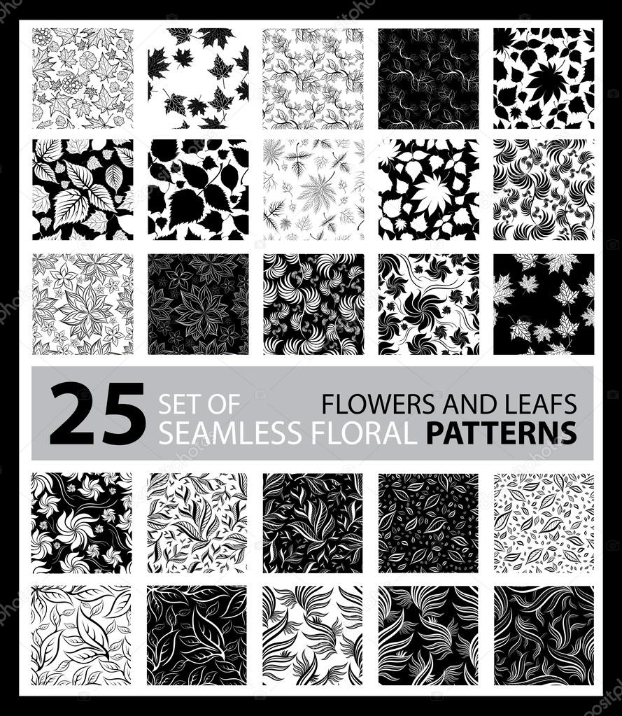 Big vector set of twenty five seamless floral patterns