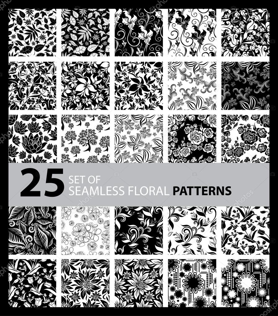 Big vector set of twenty five seamless floral patterns