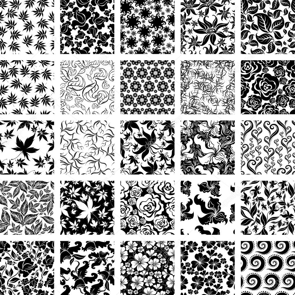 Big vector set of twenty five seamless floral patterns