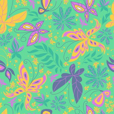 Turuncu tropikal kuşlar ve orkide çiçekleriyle kusursuz yeşil desen.