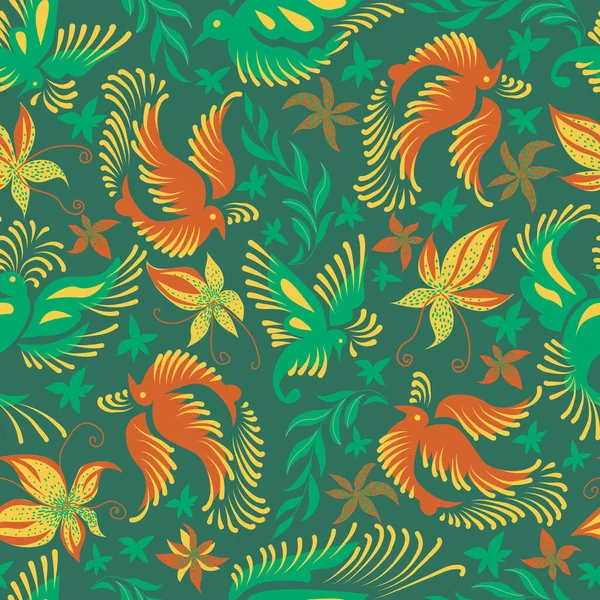 Turuncu Tropikal Kuşlar Orkide Çiçekleriyle Kusursuz Yeşil Desen — Stok Vektör