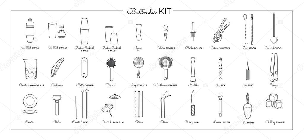 Vector bartender equipment set. Vector line art illustration