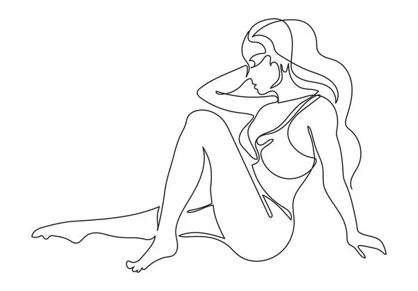 Hermoso cuerpo femenino curvilíneo ilustración de una línea de arte. Figura femenina lineal minimalista. — Vector de stock