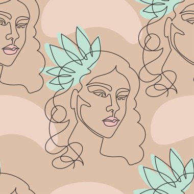 Güzel bir kadın, bir çizgi çizerek resim çizer. Minimalist doğrusal kadın pürüzsüz desen.