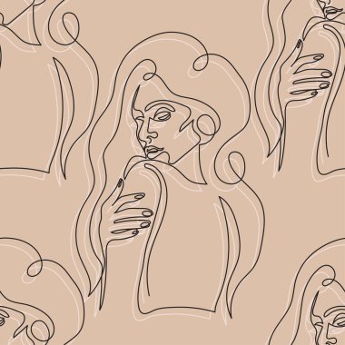 Güzel bir kadın, bir çizgi çizerek resim çizer. Minimalist doğrusal kadın pürüzsüz desen.
