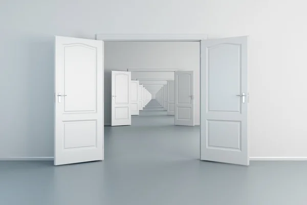 Infinity empty white rooms with opened doors — Stock Photo, Image