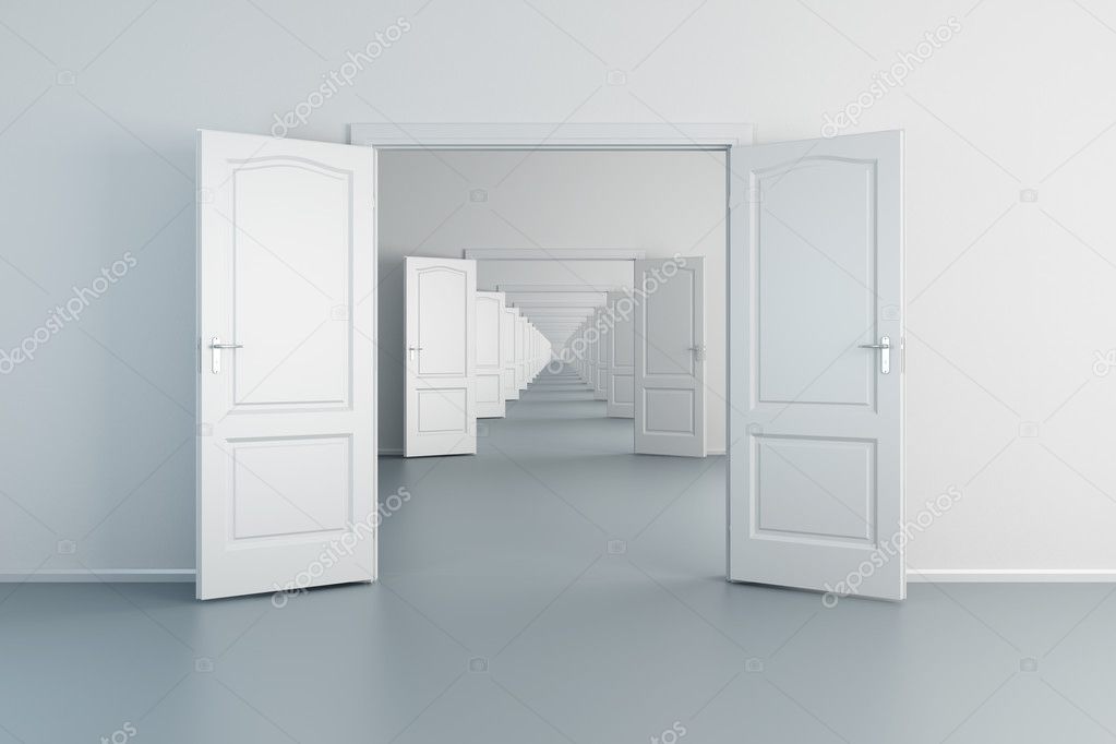 infinity empty white rooms with opened doors