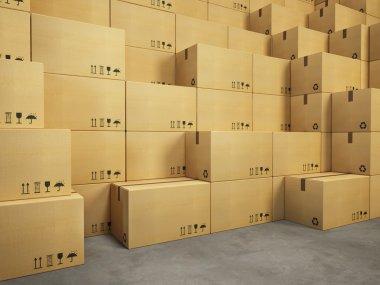 warehouse with stack of cardboard boxes