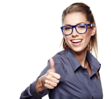 Happy smiling business woman with thumbs up gesture clipart