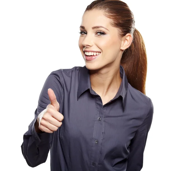 Счастливая улыбающаяся деловая женщина с хорошим знаком руки — стоковое фото