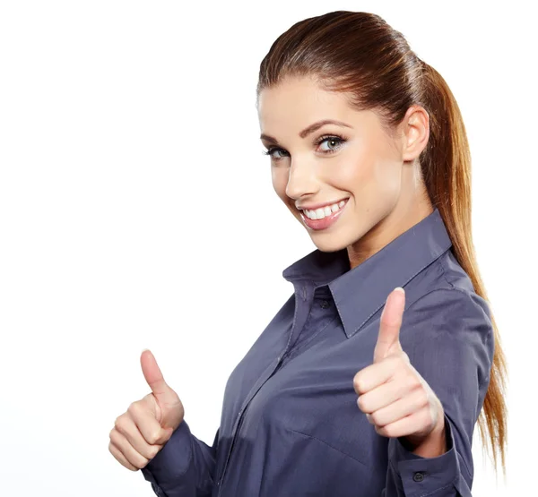 Szczęśliwy uśmiechający się kobieta biznesu z ok ręka znak — Zdjęcie stockowe
