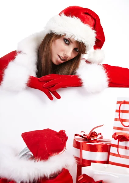 Hermosa mujer joven en santa claus ropa — Foto de Stock