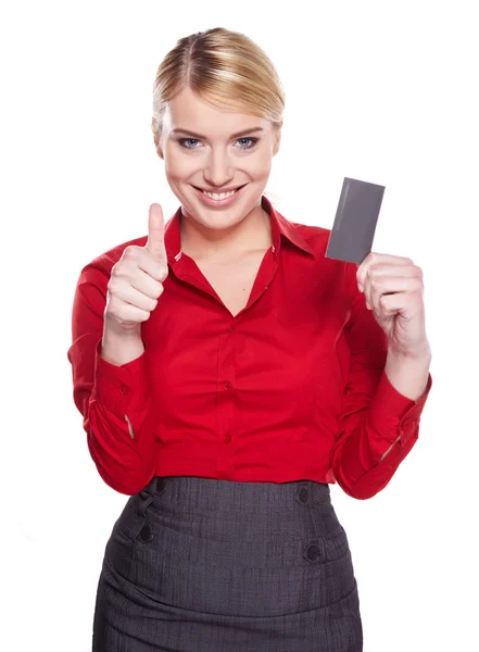 Mulher de negócios com cartão de crédito. Isolado em branco — Fotografia de Stock