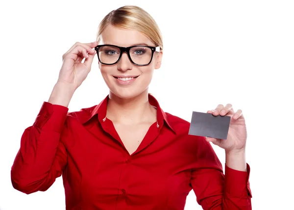 Woman showing business card — Stock Photo, Image