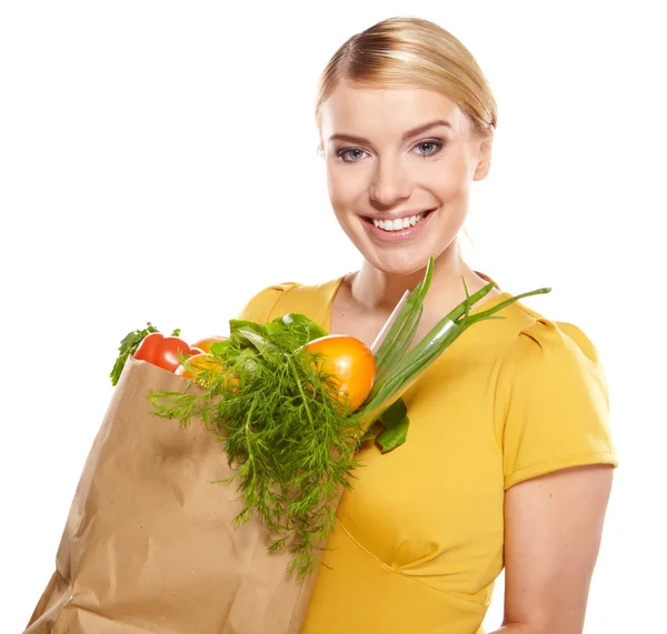 Žena drží pytel plný zdravých potravin. nakupování . — Stock fotografie