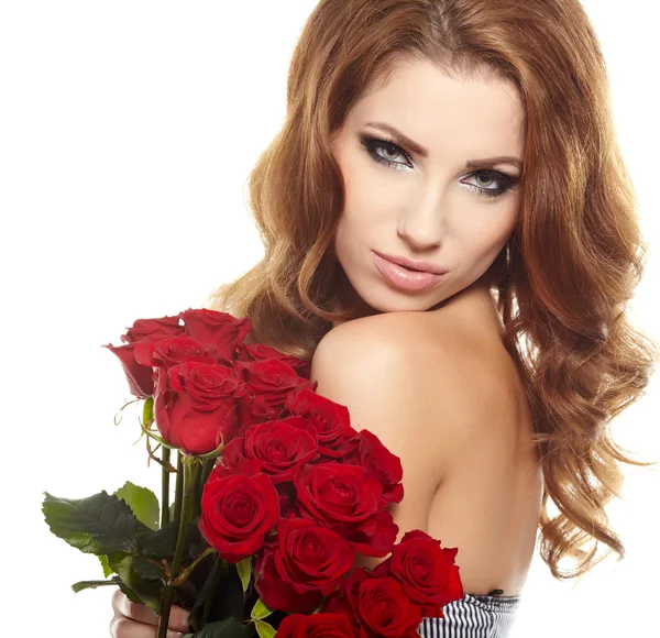 Beautiful female holding red roses bouquet, valentines day. — Stock Photo, Image