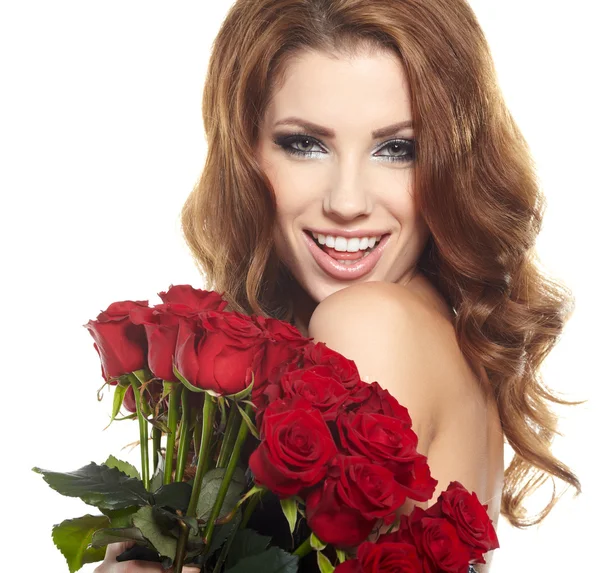 kırmızı gül buketi, Sevgililer günü tutan güzel kadın.