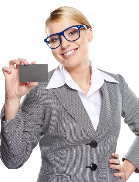 Businesswoman holding credit card. Isolated on white — Stock Photo, Image