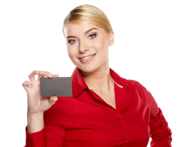 Iş kadını holding kredi kartı. beyaz izole — Stok fotoğraf