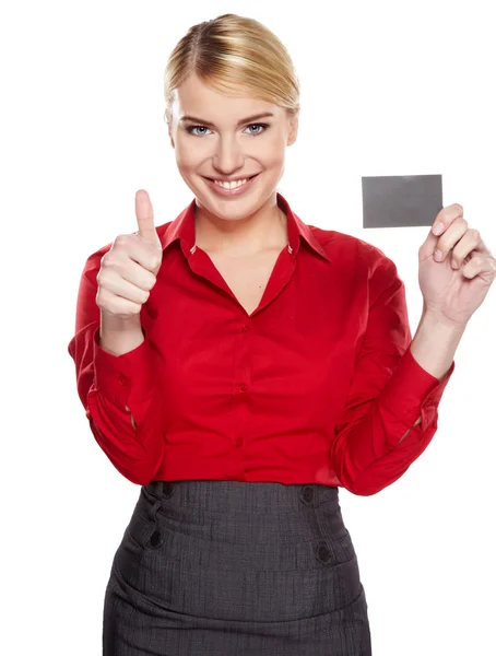 Businesswoman holding credit card. Isolated on white — Stock Photo, Image