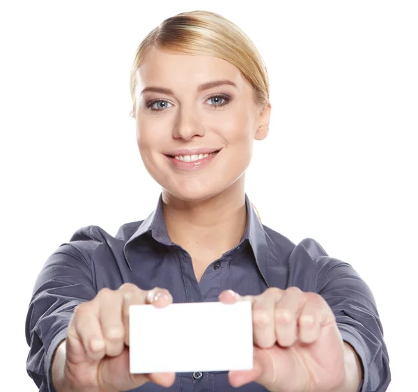 Businesswoman holding credit card. Isolated on white — Stock Photo, Image