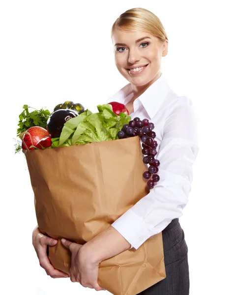 Giovane donna con una borsa della spesa. Concetto di catering . — Foto Stock