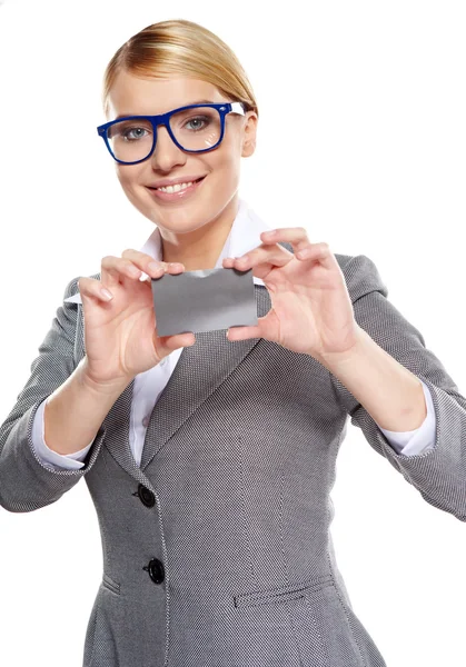 Businesswoman holding credit card. Isolated on white — Stock Photo, Image