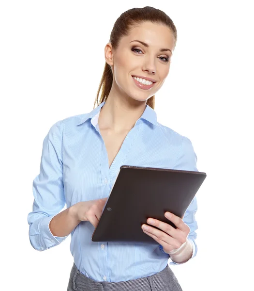 Молода приваблива бізнес-леді використовує мобільний планшетний комп'ютер wi — стокове фото