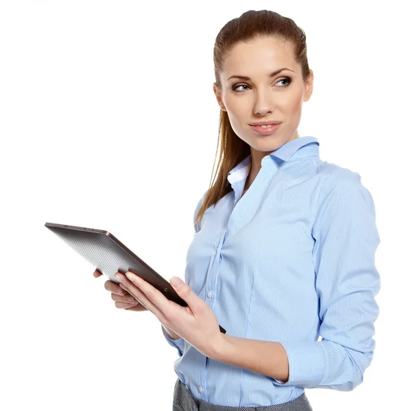 Jovem mulher de negócios atraente usa um computador tablet móvel wi — Fotografia de Stock