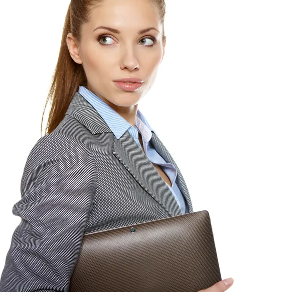 Young attractive business woman uses a mobile tablet computer wi — Stock Photo, Image